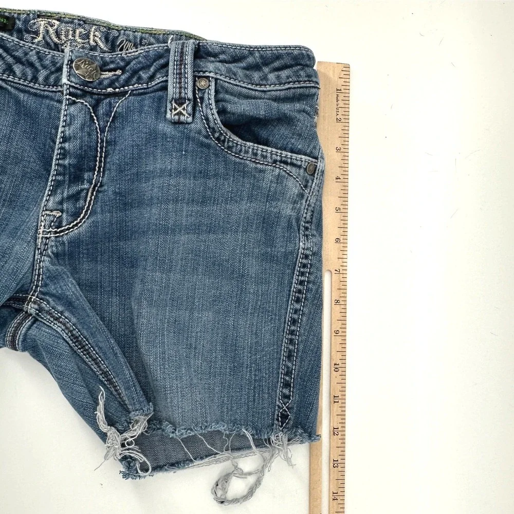 Rock 47 Wrangler Shorts Women 27 Blue Denim Ultra Low Rise Cutoff Raw Hem Y2K